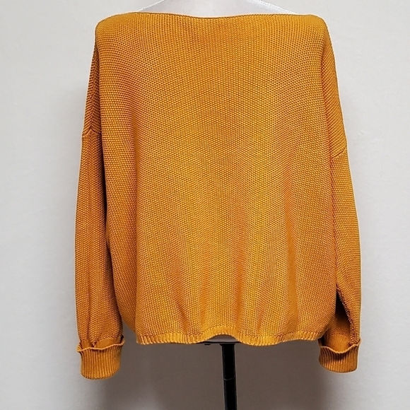 FRENCH Connection Mustard Yellow Waffle Knit Oversized Boatneck Cropped Sweater - Picture 9 of 13